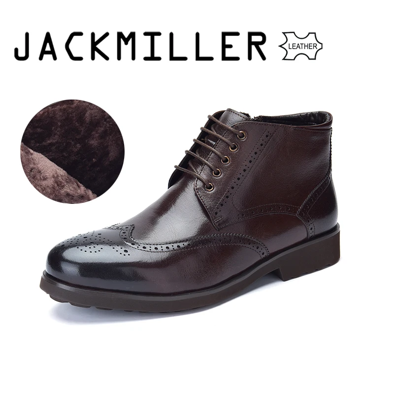 

Jackmiller Top Brand Cow Leather Men's Ankle Boots Wool Lining Warm Winter Boots for men Lace-Up Zipper Light Weigth Man Boot