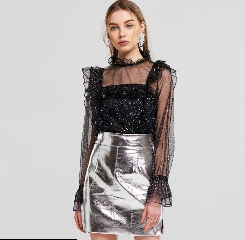 2018 новый дизайн повседневный топ для девочек сетчатые черные рубашки женские