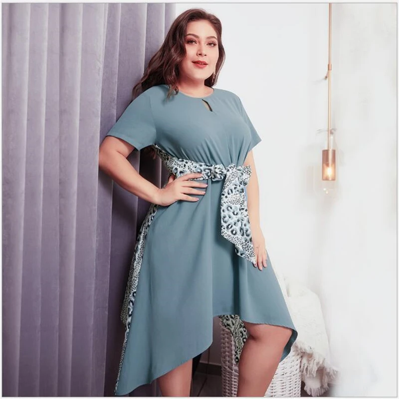 Женское леопардовое платье с коротким рукавом больших размеров Асимметричное Платье До Колена круглым