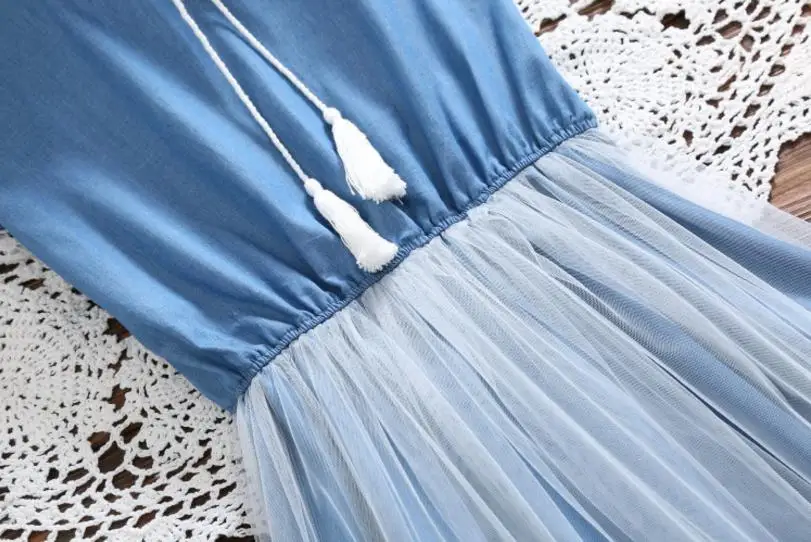 S-XXL Vintage Mori Girl Denim Stitching mesh dress female 2018 summer new short sleeve cotton blue slim was thin dressL810 | Женская