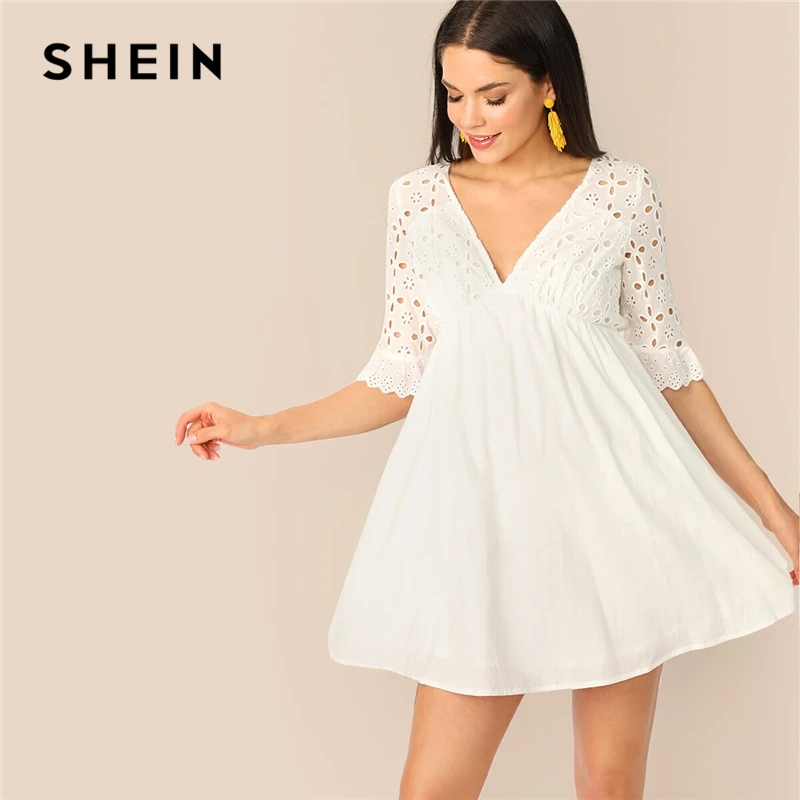 SHEIN Платье С Сеткой И V-Образным Вырезом Женское Летнее Белое Богемное Платье С Средним Рукавом И Оборками
