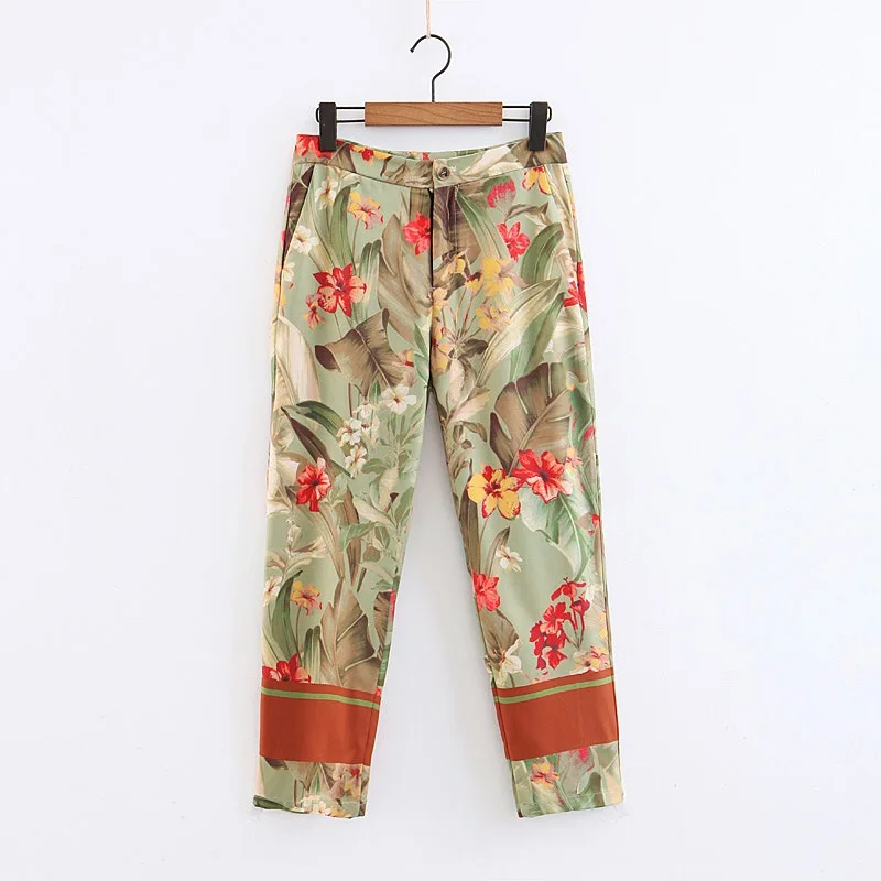 pants Новинка, весенний блейзер с принтом зеленых листьев и красных цветов, с высокой талией, маленькие прямые брюки, женские костюмы с длинным рукавом, комплект из 2 предметов - Цвет: pants