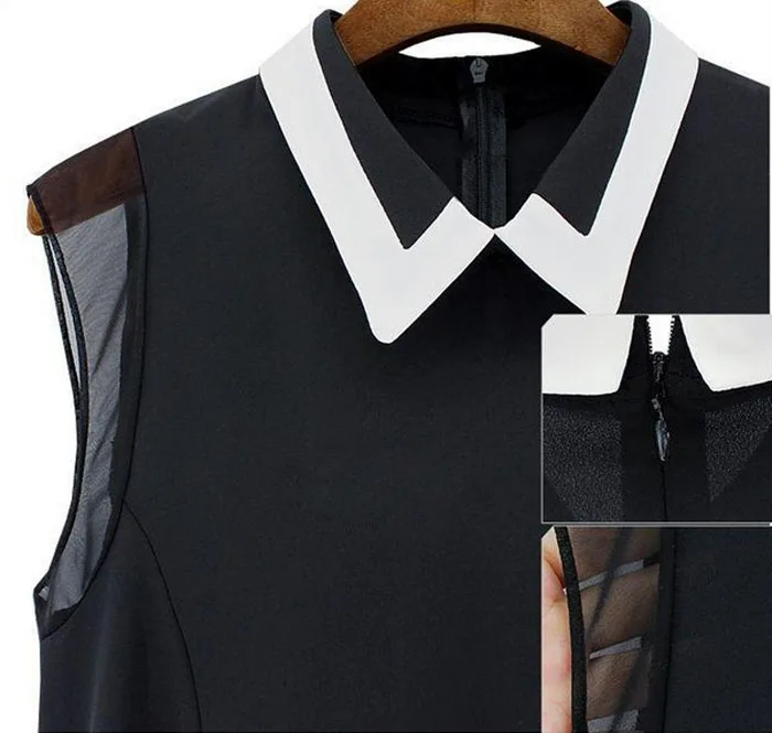 

KLV 2019 New Women Summer Loose Casual Chiffon Shirt Turn-down Collar Sleeveless Vest Blouse Shirt Tops Black White 4.9
