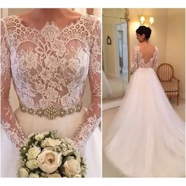 

Beautiful Illusion Lace Wedding Dress long Sleeve Backless Sheer A-Line Lace 2021 Bridal Gown Vintage Court Train Wedding gowns