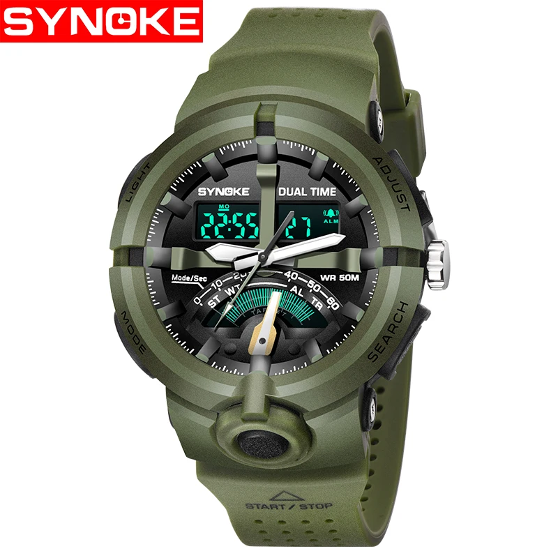Synoke новый двойной дисплей часы Мужчины Спорт на открытом воздухе Reloj де Депортес