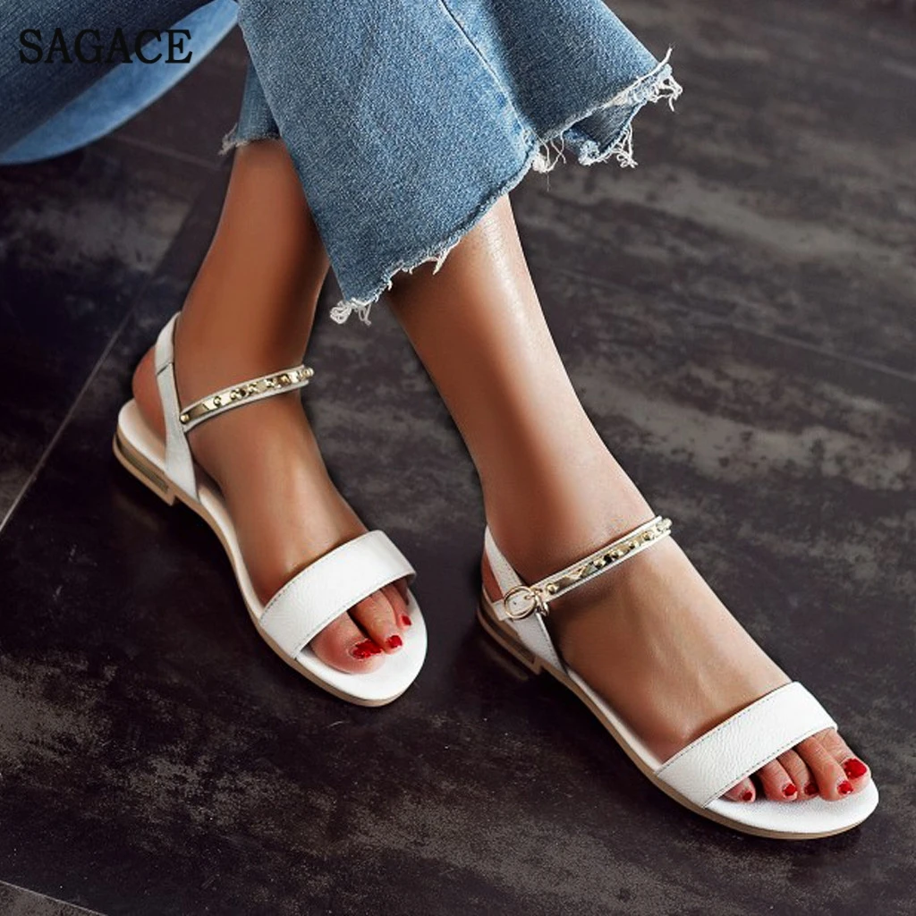 SAGACE Ladies Big Size Roman Crystal Sandals Shoes Rhinestones Beach Flat Bottom Summer Ankle Strap Buckle | Обувь