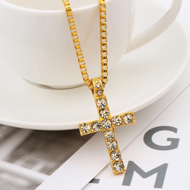 Ожерелье из сплава хип-хоп с подвеской в виде креста со стразами золотистого и