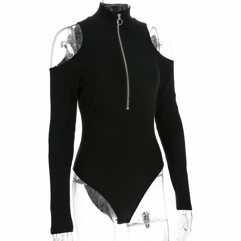 2018 осень Long Sleeve Cold Shoulder боди изящные молния спереди тонкий комбинезон женщина