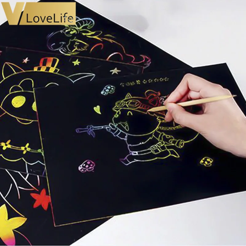 10pcs/lot 26*19cm Magic Color Scratch Art Paper Coloring Cards Available On Both Sides Scraping Drawing Toys For Children | Дом и сад