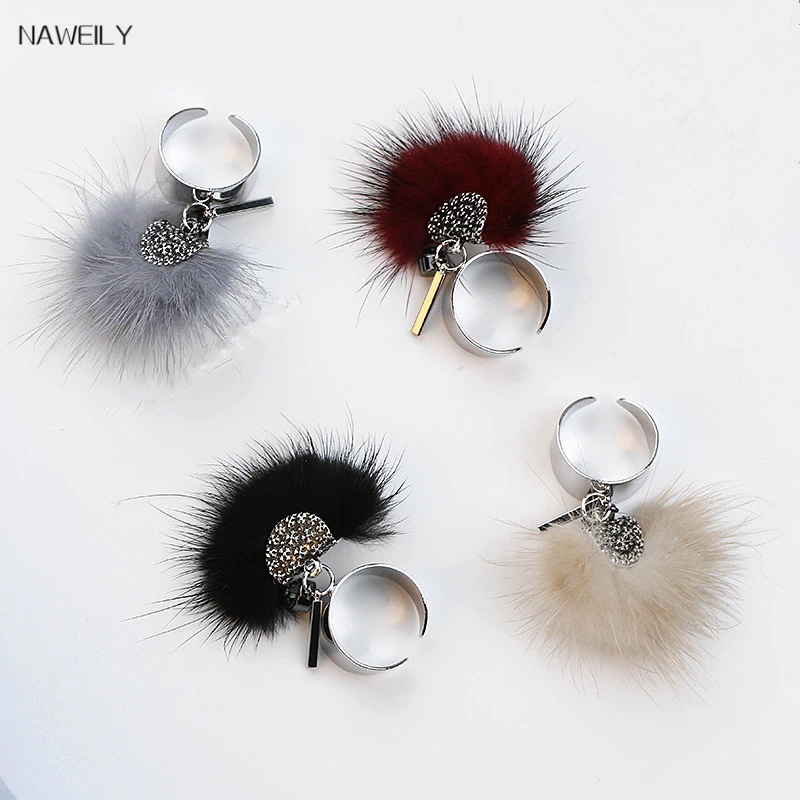 Преувеличенные хрустальные меховые Шаровые Кольца для женщин брендовый дизайн