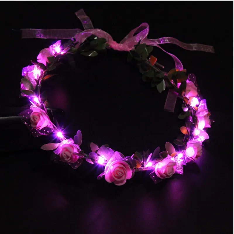 

New Colorful Lighted Leaves Rose Flower Headband Garland Wreath Women Girls Floral Headwear Halloween Glow Party Supplies