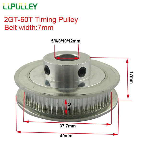 LUPULLEY 60 T 2GT зубчатый шкив Диаметр 5/6/8/10/12 мм Алюминий GT2 60 Зубы колеса шкива подходит для 6 мм Ширина зубчатый ремень
