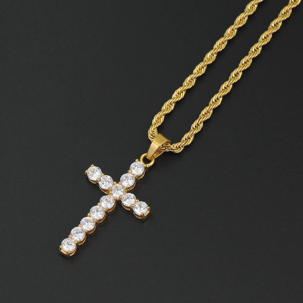 gold color Ювелирные изделия из нержавеющей стали CZ каменный крест кулон ожерелье хип хоп ювелирные изделия 24 дюймов Веревка Цепь SN146 - Окраска металла: gold color