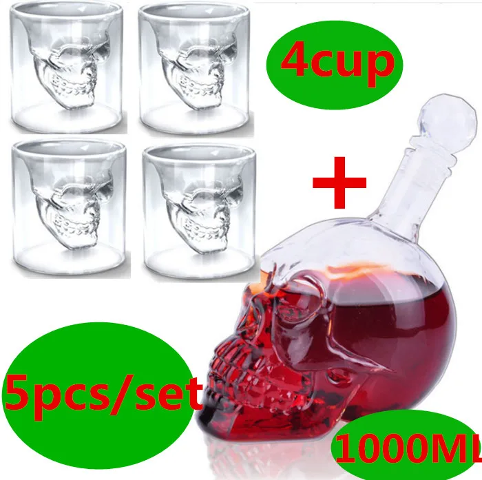 4cup and 1000ml bott 7 шт./компл. хрустальный череп рюмка, Стекло es набор чашка с 550 мл вина Стекло бутылки виски графин домашний бар водка чашка для питья подарок - Цвет: 4cup and 1000ml bott