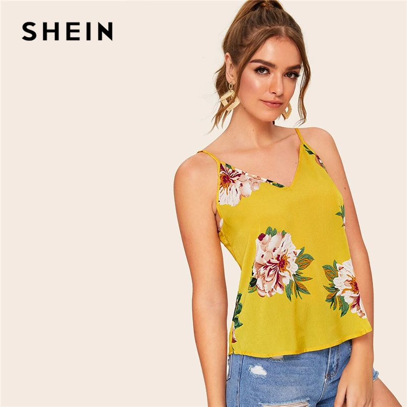 Шеин Двойной Глубокий V шеи цветочные Cami Top Boho Женская одежда Спагетти ремень топы Летний жилет топы