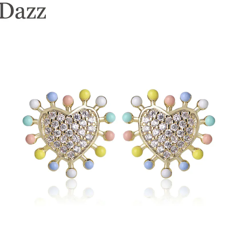 Dazz Newest Lovely Heart Shape Stud Earrings Full Zircon Colorful Enamel Jewelry For Women Party Daily Small Unique Ear Ornament | Украшения