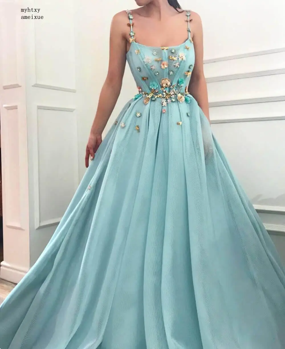 

Robe Soiree Dubai Muslim Evening Dresses Long Illusion Sleeveless Flowers Tulle Formal Cheap Women Long Dress Evening Elegant