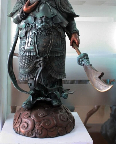 35 Китай Бронза Медь Скульптура Гуань Гун Юй Воин Дракон Будда Меч Статуя (0319