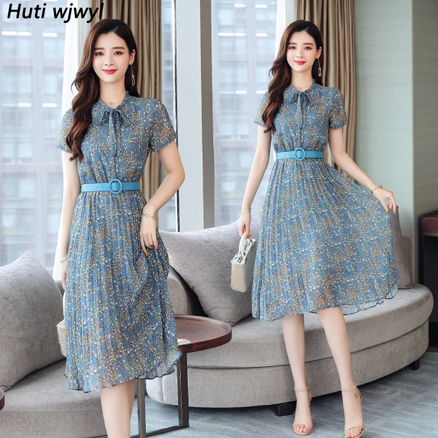 2021 Женская Винтаж Элегантное синее платье из шифона в богемном стиле миди платья