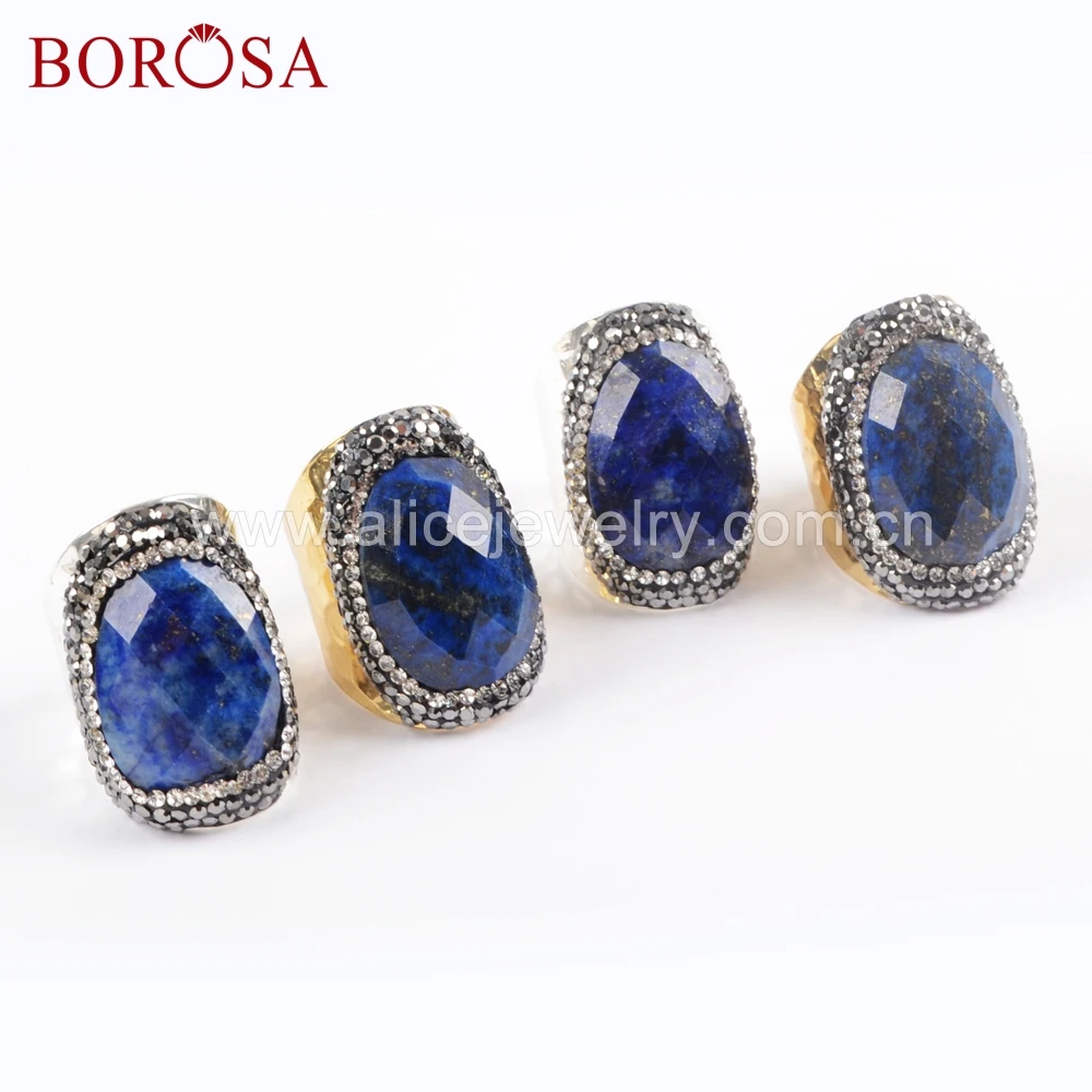 

BOROSA 6PCS Gold/Silver Color Natural Lapis Lazuli Faceted Stone Druzy Rings Rhinestone Pave Gems Ring for Women JAB947