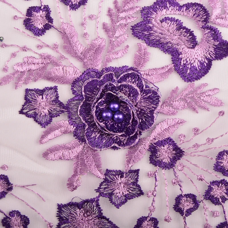 Beautiful Purple 3D Lace Fabric With Beads Flower Embroidered Appliques French Tulle 5 Yards For Dress F1233 | Дом и сад