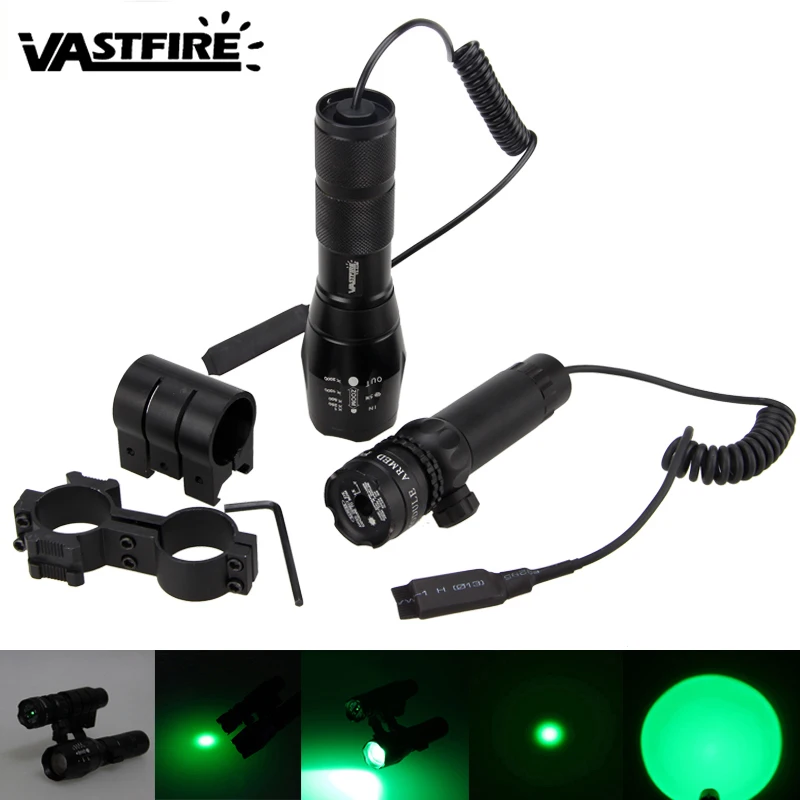 

Tactical Zoomable Hunting Light 5000Lm GREEN Q5 Adjustable Focus Flashlight+Green/Red Dot Laser Sight Rifle Gun Mount Scope Rail
