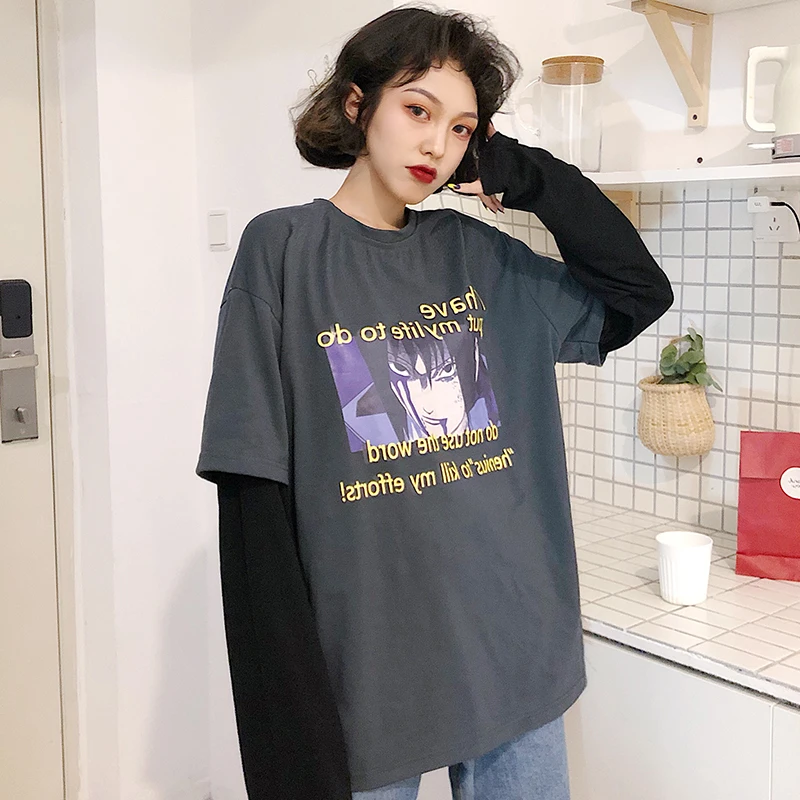 Camisetas Mujer, осенняя женская футболка, Корейская уличная футболка Ulzzang Harajuku с мультяшным принтом, футболка с длинным рукавом, женские топы