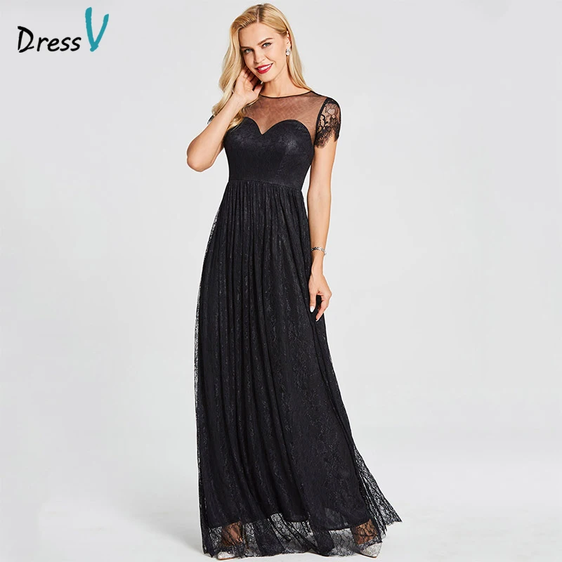 Dressv Черное длинное вечернее платье с овальным вырезом дешевые трапециевидные