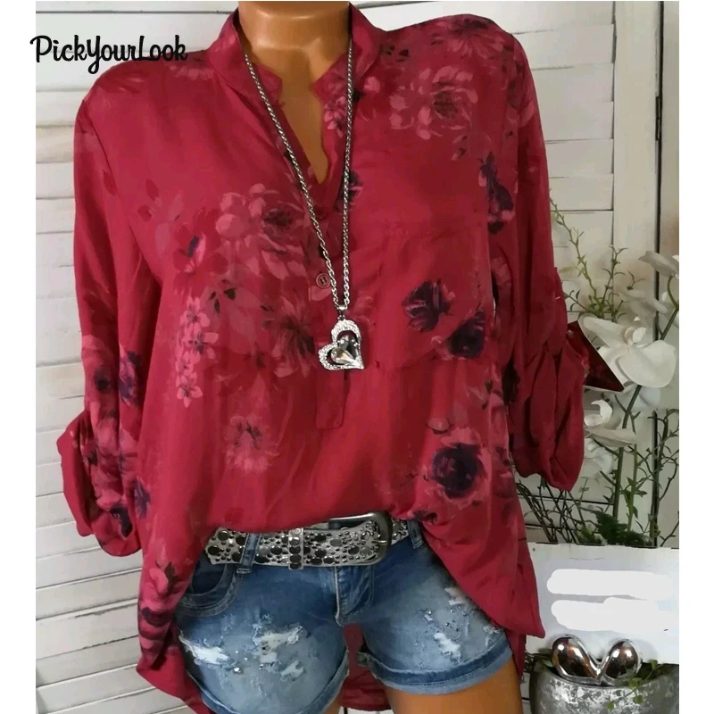 PickyourLook женские топы размера плюс Цветочная блузка рубашка с длинным рукавом