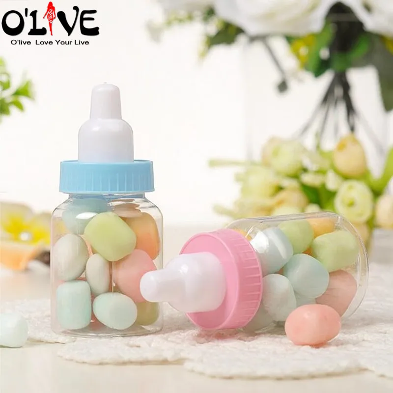 

60 Pcs Baby Shower Candy Box Gift Plastic Feeding Bottle Baptism Sugar Boxes First Birthday Box Christening Decoration Communion