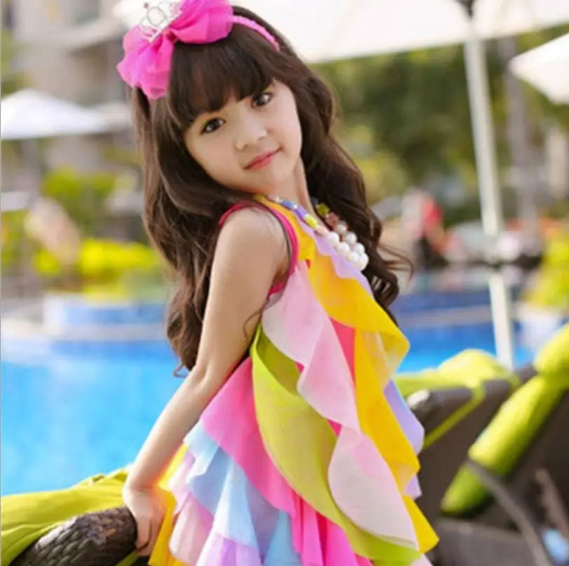 Girls baby rainbow dress 2019 summer new sweet style sleeveless mesh kids loose mini children clothes 4-12Y ws670 | Детская одежда и