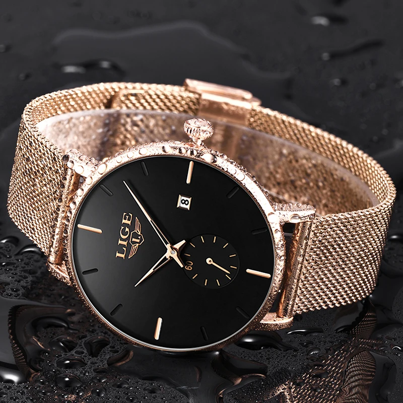 Новинка 2019 LIGE повседневные с сетчатым ремешком Модные Кварцевые Золотые часы