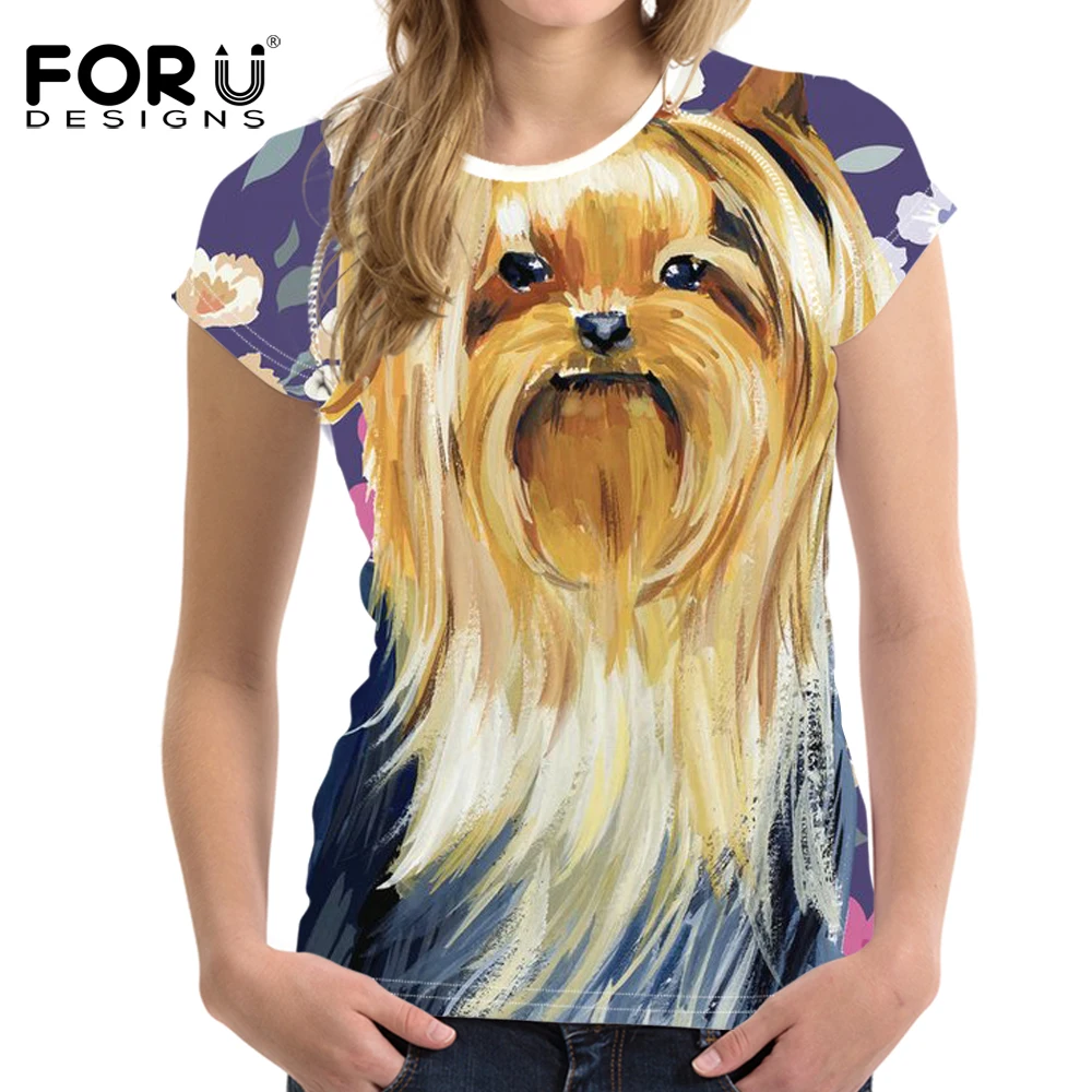 

FORUDESIGNS Floral Yorkie T Shirt Women Cartoon Puppy T-shirt Female Kawaii Tee Shirt for Teen Girls Cute Summer Tops Clothing