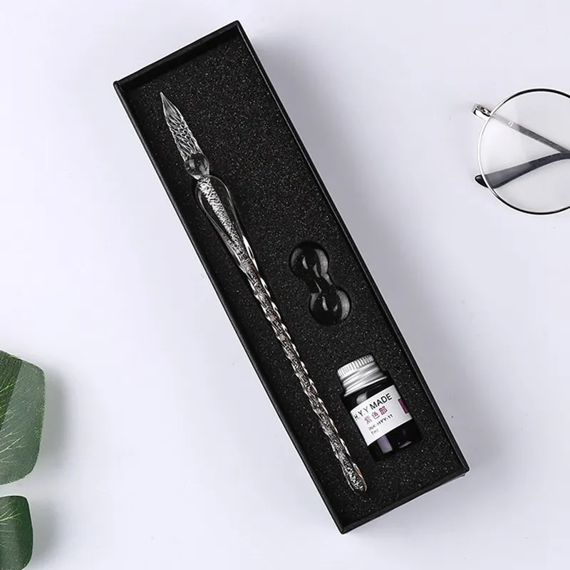 Vintage Crystal Glass Dip Pen Set Non-carbon Gold Ink Fountain Signature Calligraphy Pen Writing Tools Stationery Gift - Цвет: Small set design  2