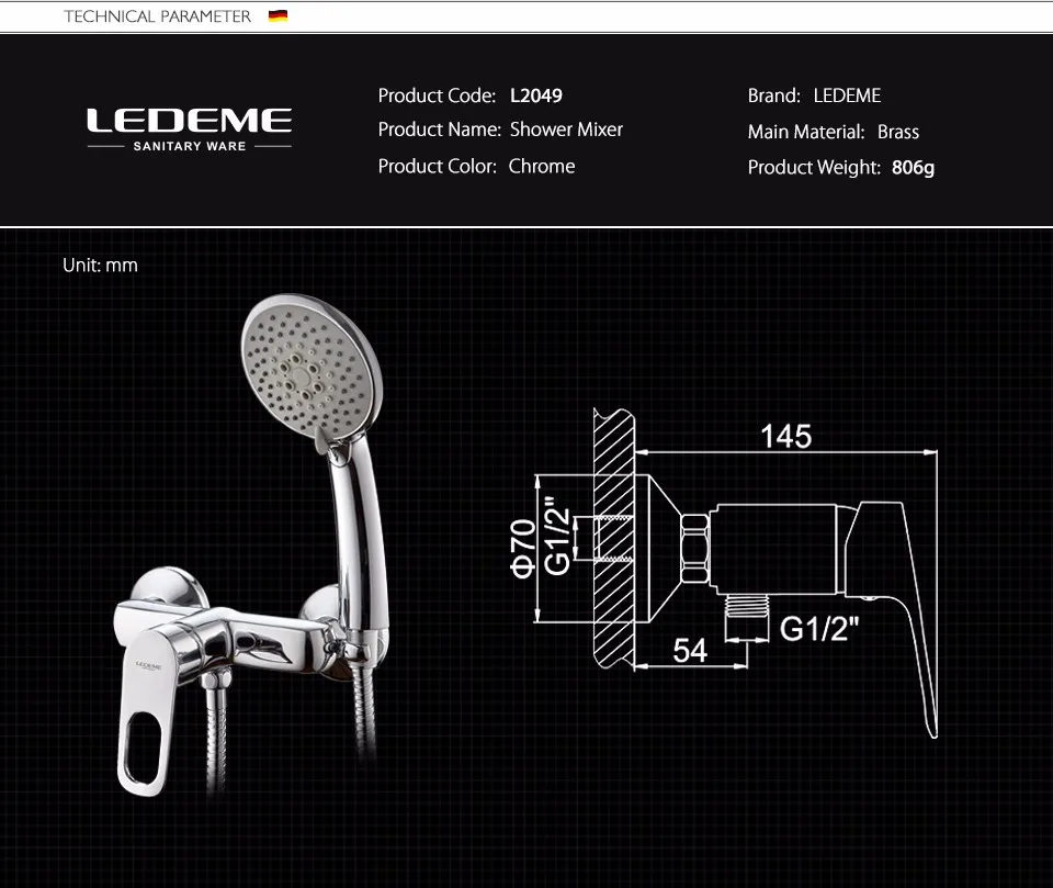 LEDEME Смеситель для душ. кабины латунь Цвет: хром L2049