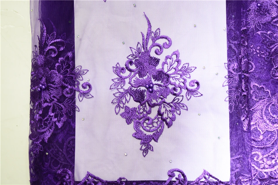 Purple African french lace fabric with beads and stones mesh tulle high quality nigerian fabrics for wedding 2018 5yard/lot | Дом и сад