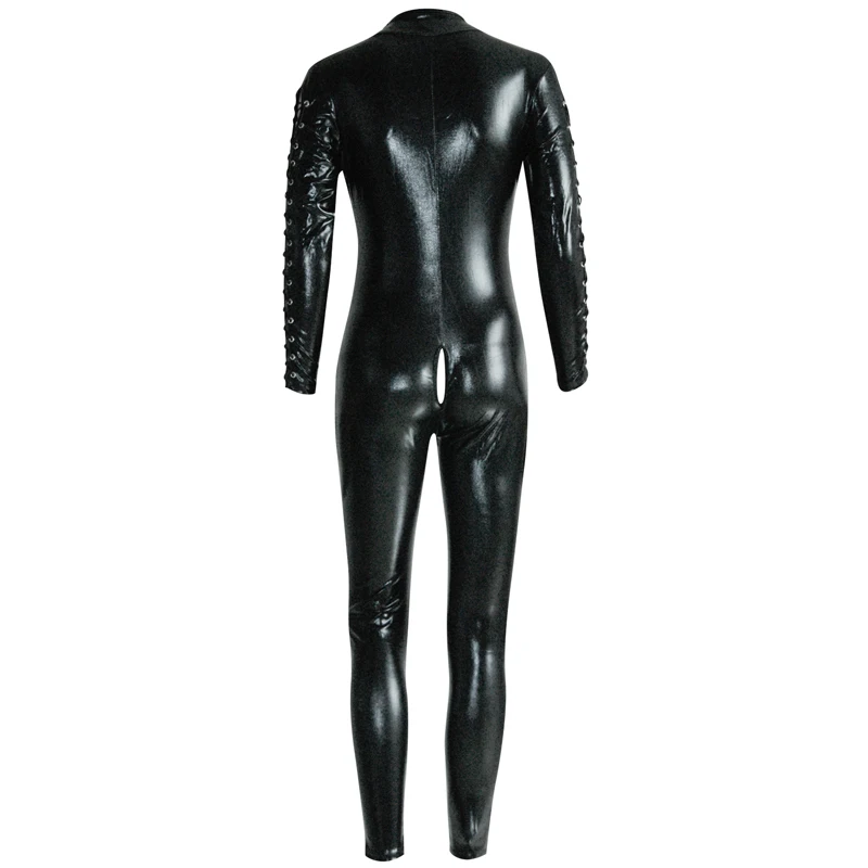 Комбинезон женский черный из виниловой кожи с длинным рукавом|club bodysuit|catsuit