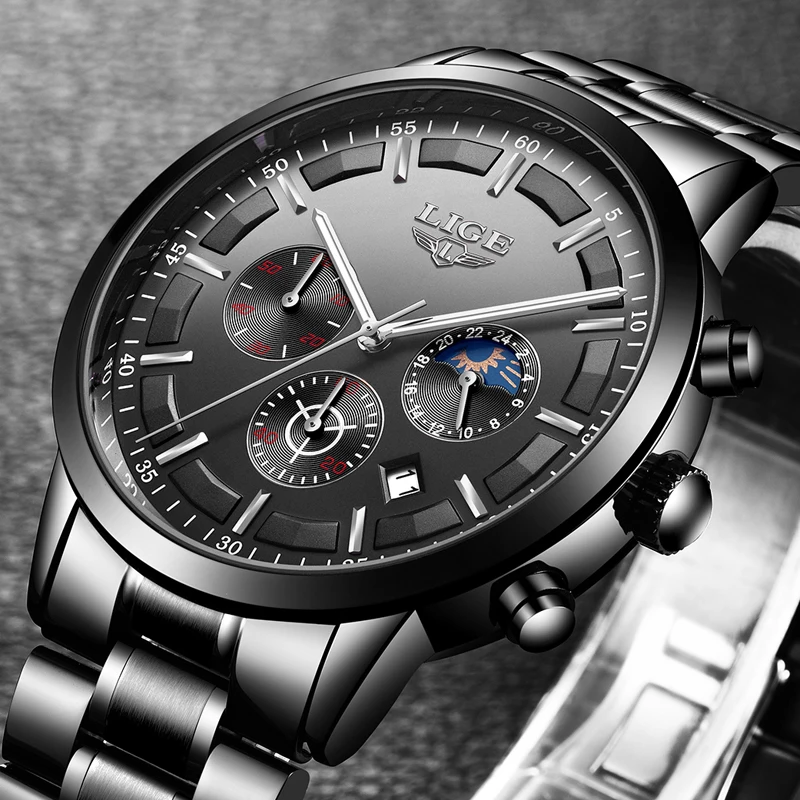 2018 мужские часы Moon Phase LIGE хронограф Топ бренд класса люкс модные стальные военные