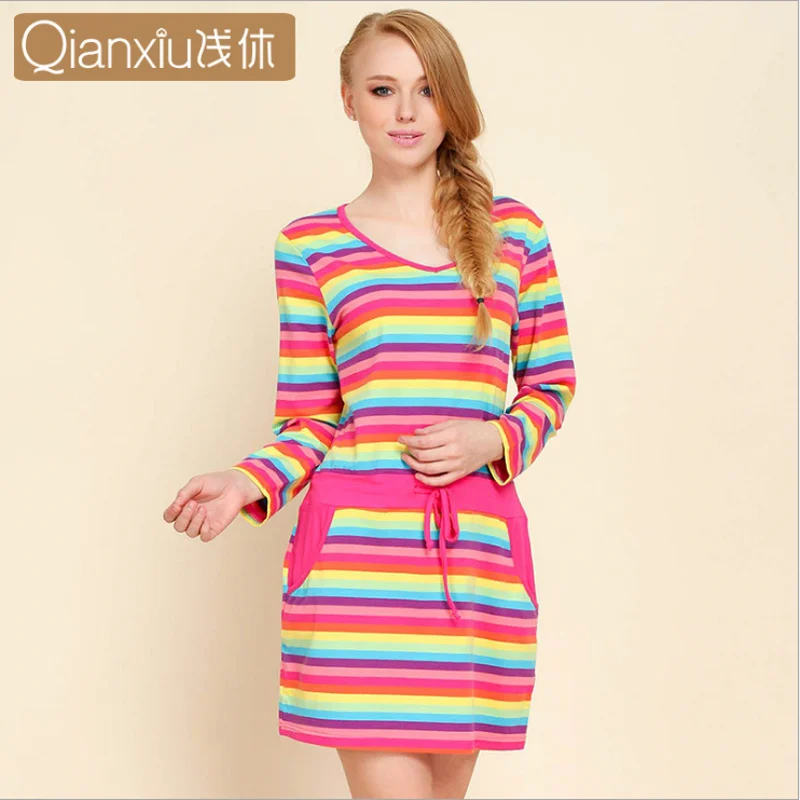 2019 Осенняя Женская Повседневная Ночная рубашка в полоску с поясом женское