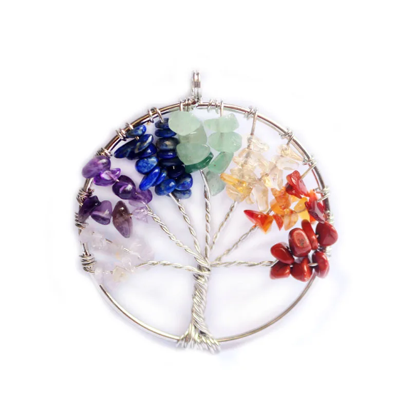 Новая мода серебряная проволока обернуть дерево жизни кулон Радуга круг