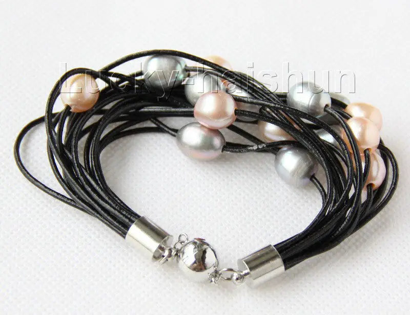 

8" 13mm 15row pink purple gray pearls black leather bracelet j9679 @^Noble style Natural Fine jewe FREE SHIPPING