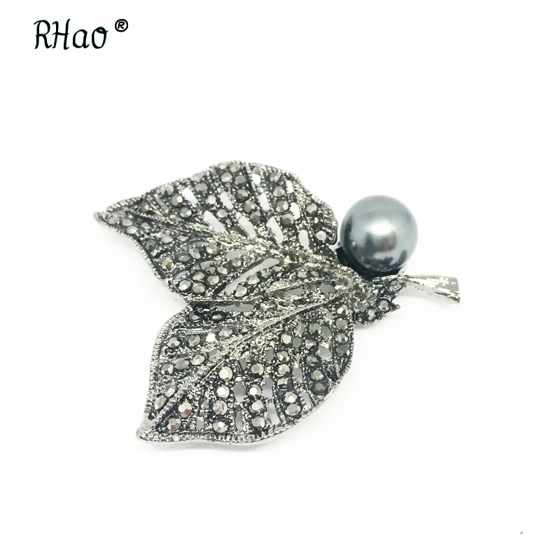 RHao Женская/Мужская корсажная Винтажная брошь в виде двух листьев черного цвета