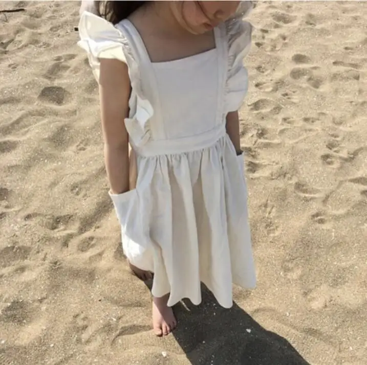 Spring and Summer Girls linen pocket crepe lace sleeveless dress hanging children | Детская одежда и обувь