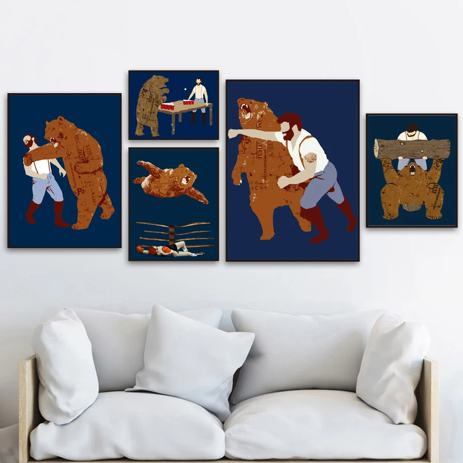 Забавные Животные медведь человек бокс стены искусства холст картины плакаты и