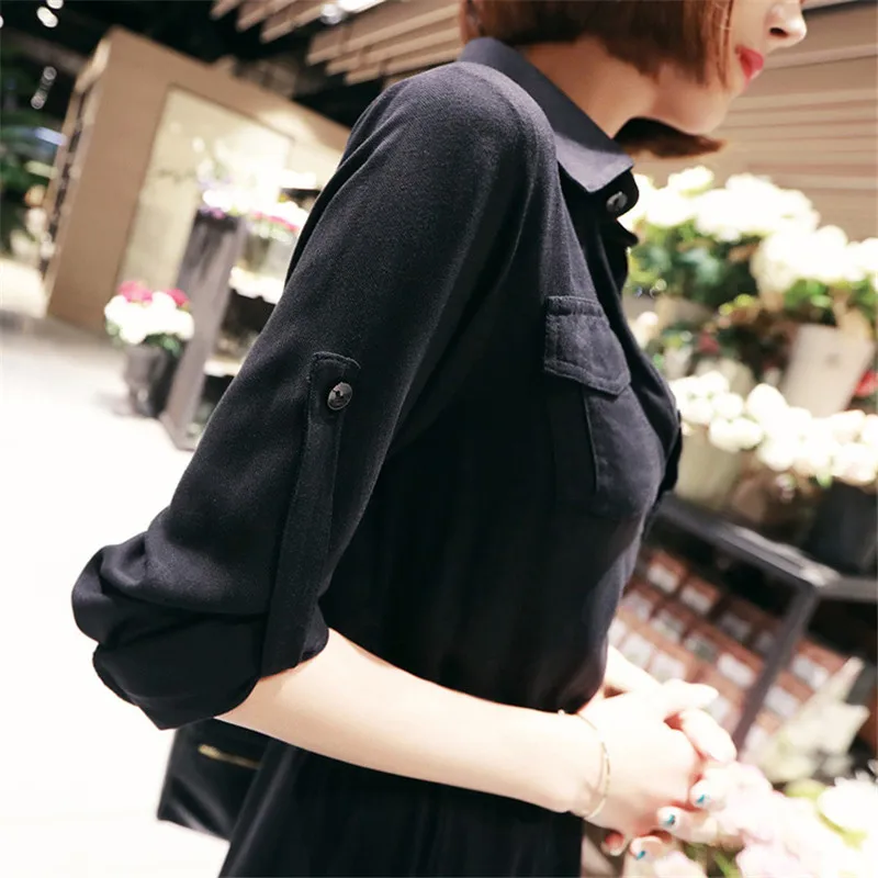 

Black Long-sleeve Shirt Dress Women Clothing Spring Summer Autumn New Elegance Temperament Slim Long Shirt Dress Casual Style