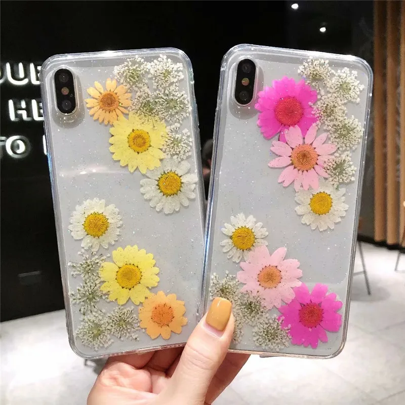 Colorful Real Dried Flowers Soft Phone Case For iPhone X XS Max XR Cute Clear Floral Back Cover 6 6S 7 8 Plus Coque |
