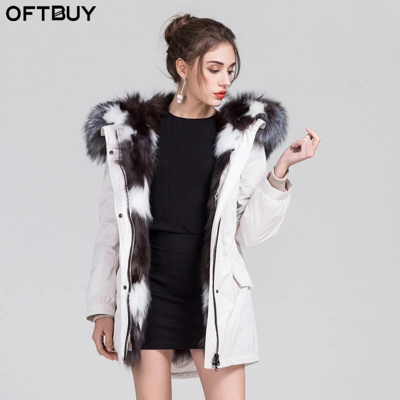 Oftbuy Новинка 2017 белая зимняя куртка женские парки пальто с мехом натуральным