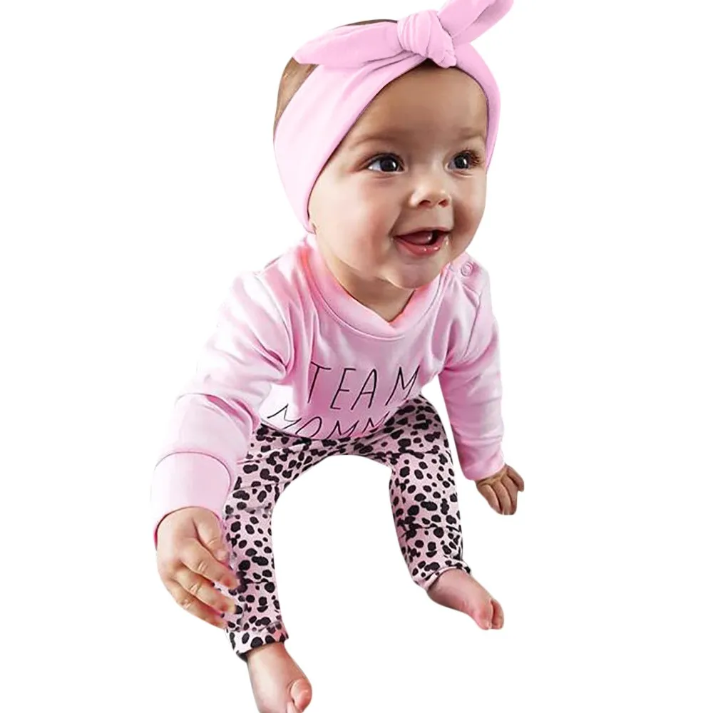 MUQGEW 3PCS Toddler Baby Letter Print Top Clothes+Leopard Pants+Headbands Girls Clothes Children Clothing Set | Детская одежда и