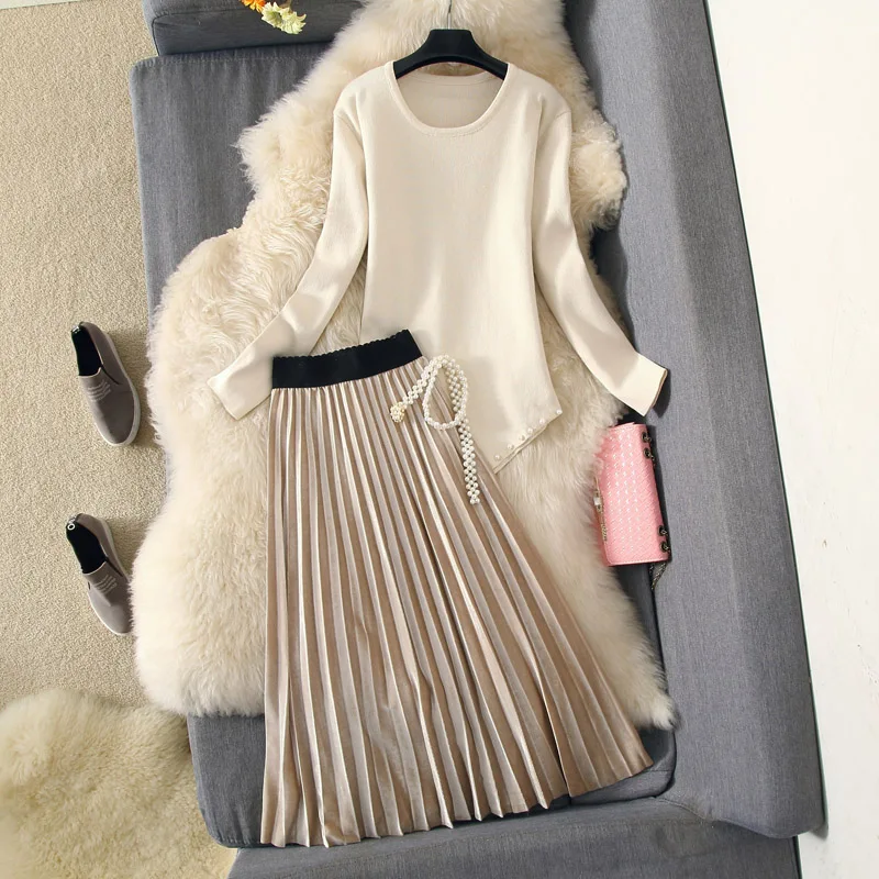 ALPHALMODA косой стильный длинный свитер + плиссированная бархатная юбка женский