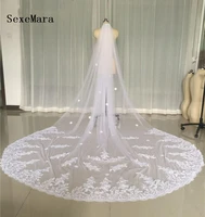 real pictures white wedding veils 3 meters long cathedral length lace appliqued netting bridal veil with comb high quality